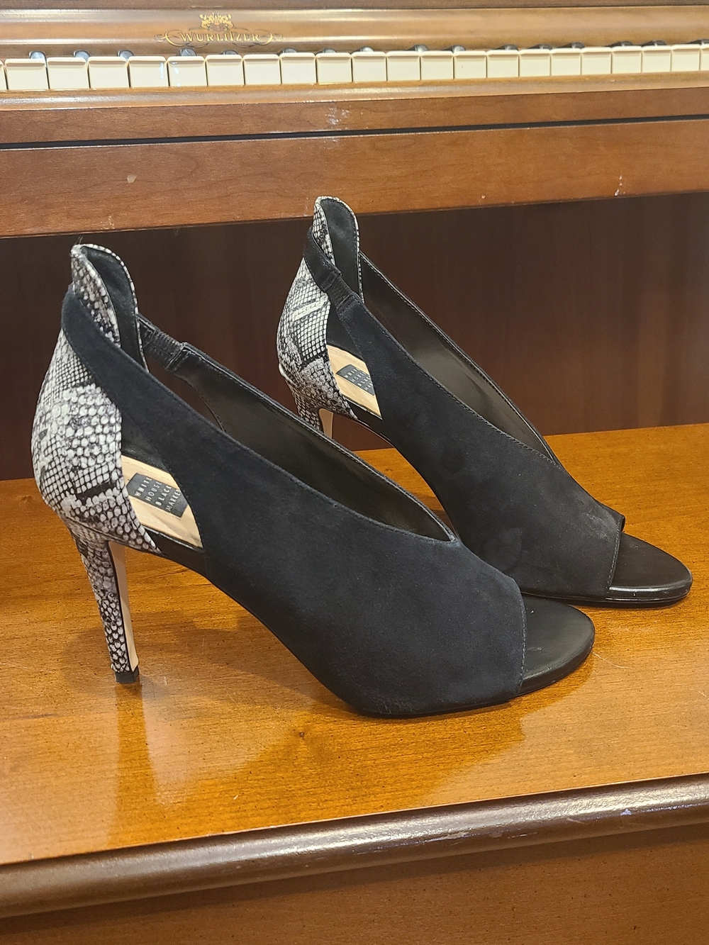 White House Black Market Black Suede Peep-Toe Heels with Snakeskin Heel